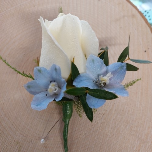 White Rose and Delphinium buttonhole